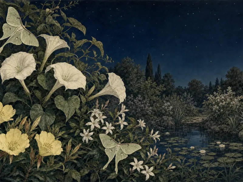 A night garden drawn as a Victorian botanical plate: moonflowers, evening primrose and luna moths by a pond under an open sky